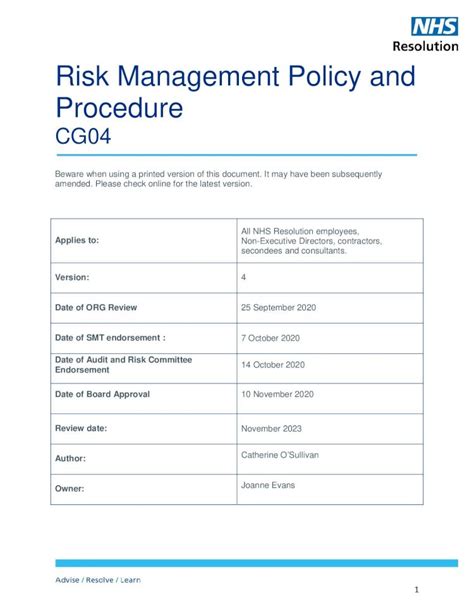 PDF Risk Management Policy And Procedure NHS Resolution 2020 12