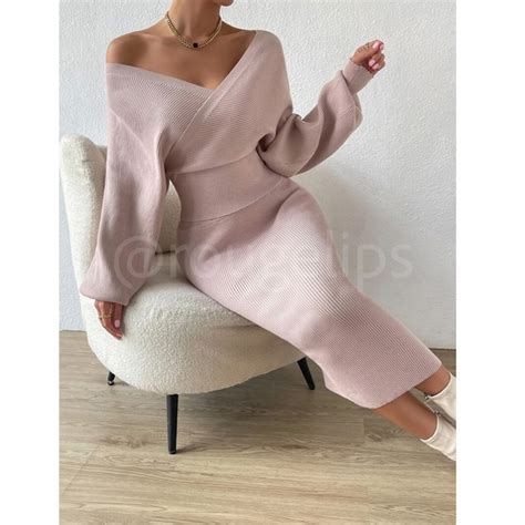 Rouge Dresses 2 Piece Set Rib Knit Blush Pink Midi Skirt And Vneck