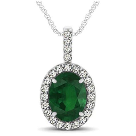 Allurez Emerald Diamond Halo Oval Pendant Necklace K White Gold