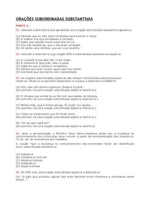 Questões Sobre Orações Subordinadas - Orações Subordinadas Substantivas: Questões e Classificações | PDF ...