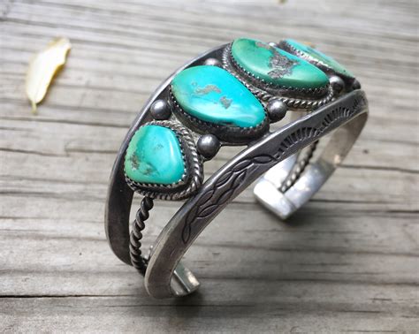 Navajo Blue Gem Turquoise Cuff Bracelet Circa S Five Stone Vintage