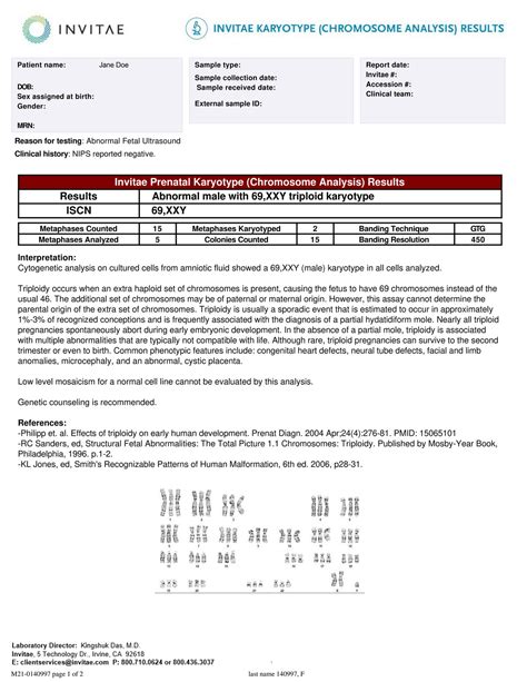 Invitae AF Routine Chromosome Analysis Abnormal Male 69 XXY