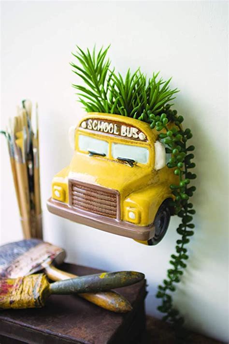 Kalalou Ceramic Yellow Bus Wall Planter Wall Planter Retro School Ceramic Wall Decor