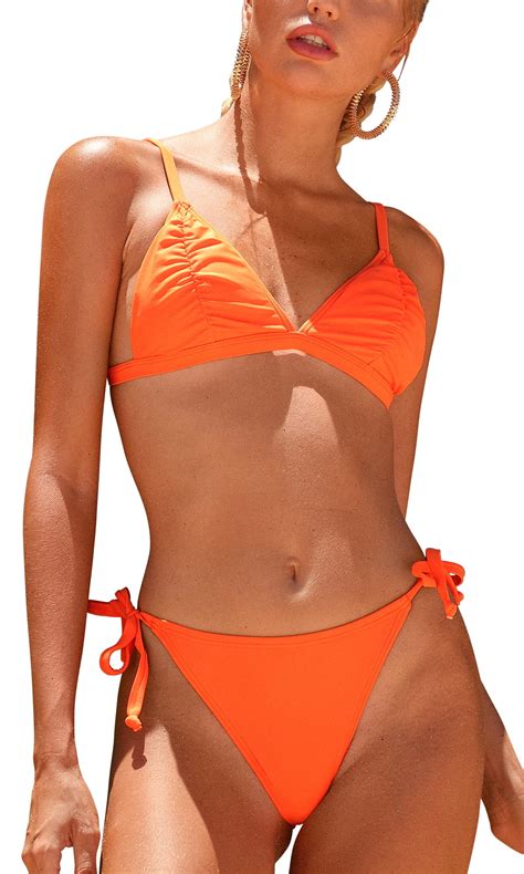 Beautyin Women Sexy Ruched String Bikinis Swimsuits High Cut Tie Side