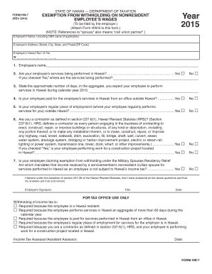 Fillable Online Form HW 7 Rev 2014 Exemption From Withholding On