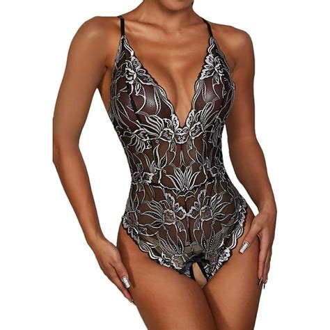 Veeki Womens Plunge V Neck Lingerie Bodysuit Sexy Floral Lace One