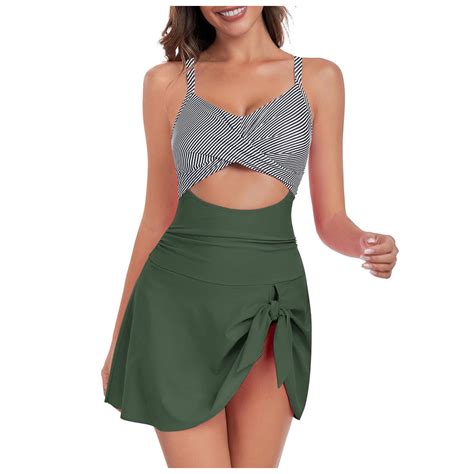 Huesdet Womens High Waisted Bikini With Skirt Two Piece Swimsuit With Tummy Control Halter