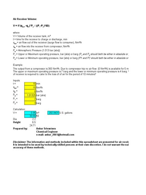 Air Receiver Sizing Metric Units | Gas Compressor | Pressure