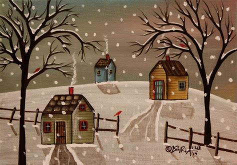 Light Snow Original Canvas Panel Painting Folk Art X Cabins Birds