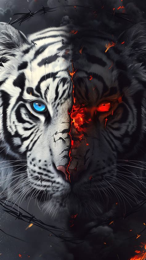 White tiger Wallpaper 4K, Dope, AI art, 5K, Fire effect