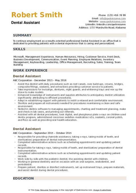 Dental Assistant Resume Samples | QwikResume