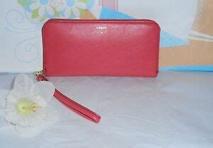 Fossil Sydney Genuine Leather Zip Clutch Wallet Wristlet Bright Orange