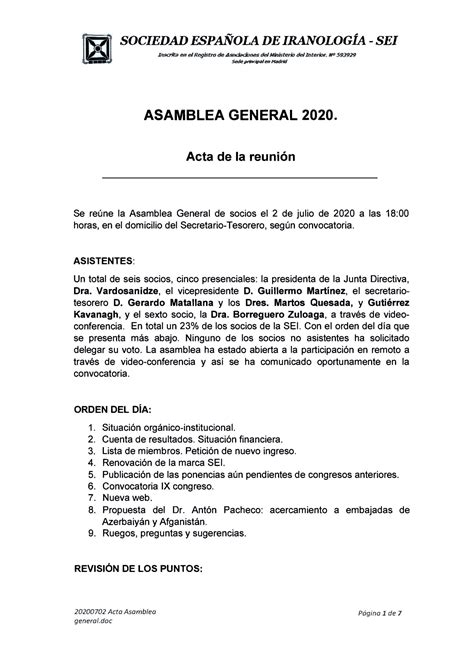 Acta Asamblea General 2020 Sociedad Española de Iranologia SEI