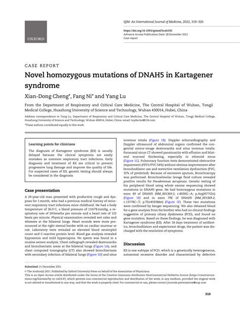 PDF Novel Homozygous Mutations Of DNAH5 In Kartagener Syndrome