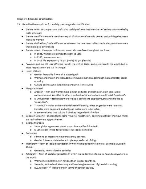 Sociology 101 - Lecture Notes on Chapter 13: Gender Stratification