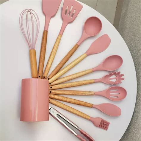 Utens Lios Coloridos De Cozinha Em Silicone Cabo De Madeira Cor Rosa