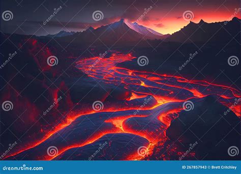 Flowing River of Lava from Erupting Volcano Stock Illustration ...