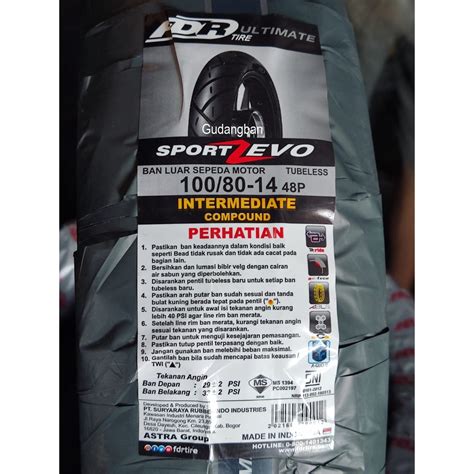 Jual RING 14 FDR Sport ZEVO 100 80 14 Tubeless Ban Luar Motor