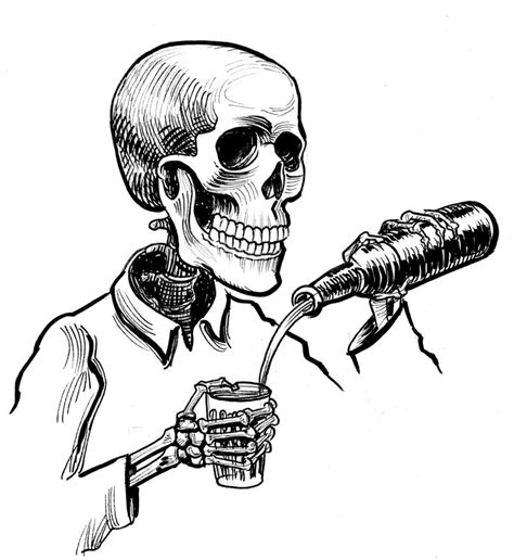 Premium Photo Human Skeleton Drinking Alcohol Ink Black And White Drawing