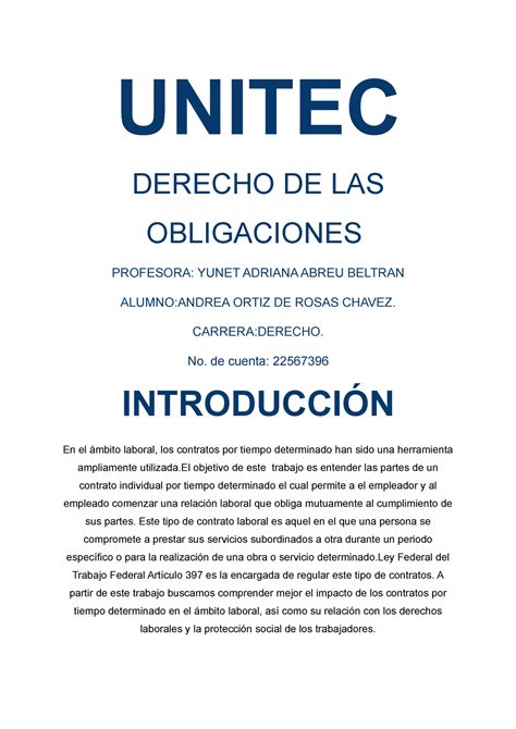 Derecho De Las Obligaciones Entregable 1 UNITEC DERECHO DE LAS