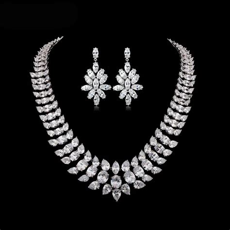 Sparking Elegant Clear Cubic Zirconia Heavy Collar Choker Necklace Earrings Set For Women Bridal