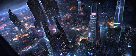 City building wallpaper, futuristic, cityscape, bird's eye view, night ...