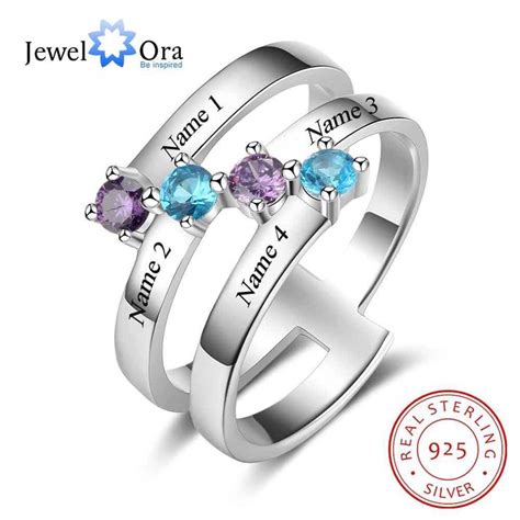 Personalized Engrave 4 Names Childrens Birthstone Rings 925 Sterling