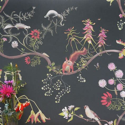 Mercia Vines Slate Botanical Birds And Bees Wallpaper For Sale At 1stdibs