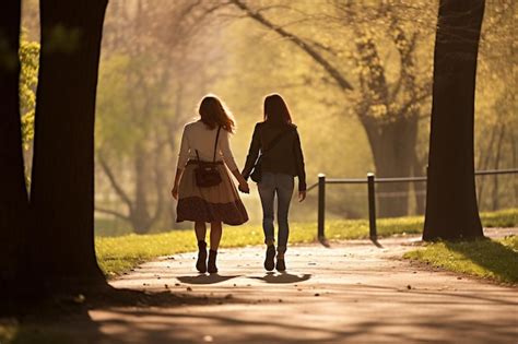 Premium AI Image Two Friends Walking Together In The Park Sharing