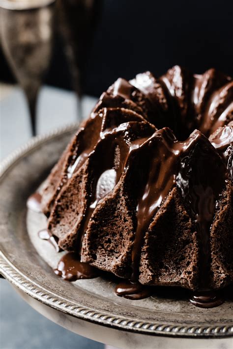 Chocolate Bundt Cake With Chocolate Ganache Caramel Blue Bowl