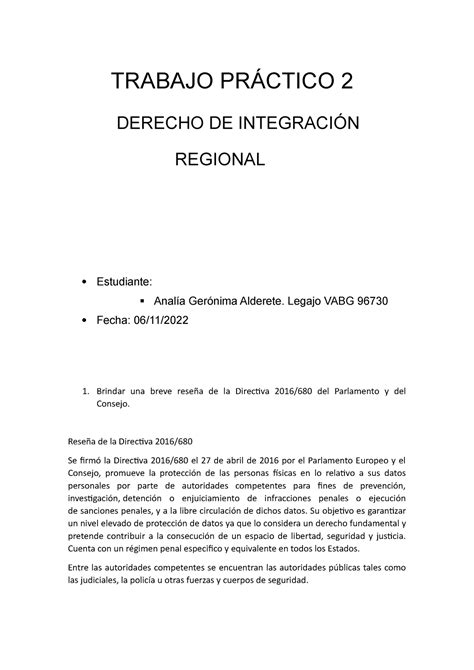 TP 2 Integracion Regional TRABAJO PRÁCTICO 2 DERECHO DE INTEGRACIÓN