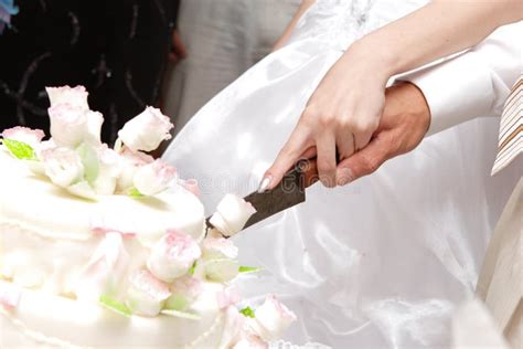 Cutting a wedding cake stock image. Image of nuptials - 4455773