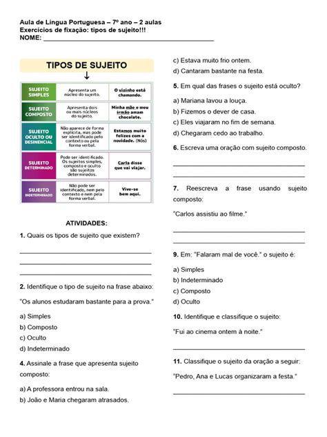 Tipo De Sujeito 7 Ano - Atividades sobre Tipos de Sujeito 7º Ano | PDF | Assunto (gramática)