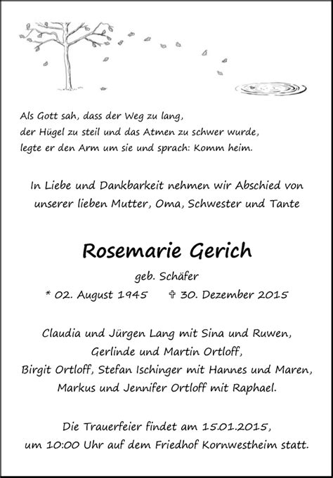 Traueranzeigen Von Rosemarie Gerich Stuttgart Gedenkt De