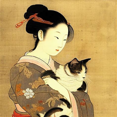 Traditional Japanese Women In Kimono With Cat Geisha Stroking Cat Generative Ai Illustration