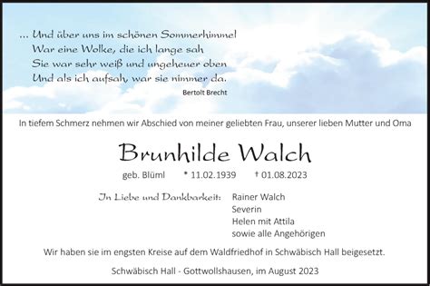 Traueranzeigen Von Brunhilde Walch S Dwest Presse Trauer