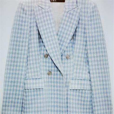 Zara Jackets Coats Zara Ecrublue Double Breasted Houndstooth