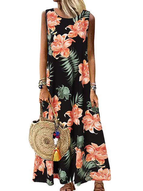 Frontwalk Ladies Casual Floral Print Summer Beach Sundress Swing Sexy Long Dress Women Crew Neck