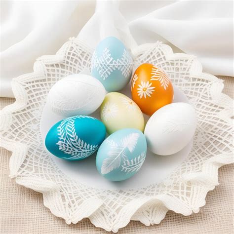 Premium Photo Colorful Easter Eggs On The Table With A White Lace