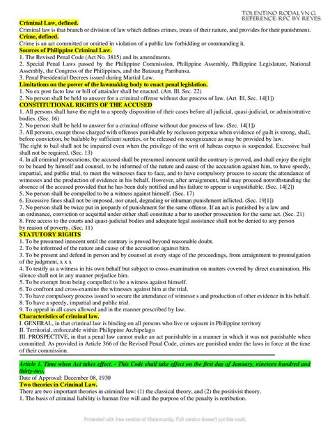 Solution Revised Penal Code By Reyes Notes Summary Outlines Studypool