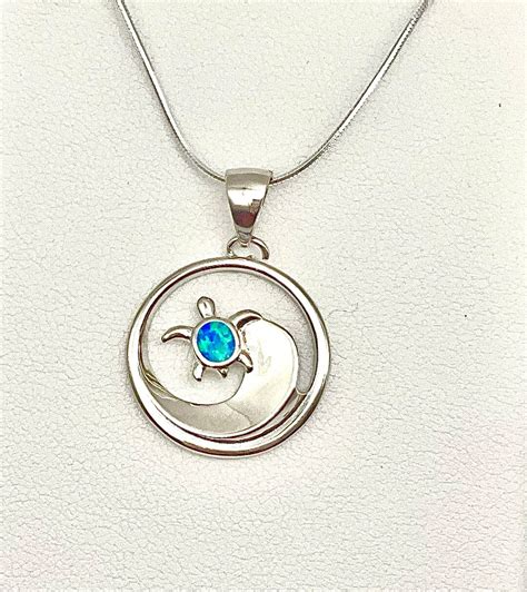 Sterling Silver Hawaiian Wave Sea Turtle Honu Necklace Opal Jewelry