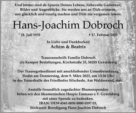 Traueranzeigen Von Hans Joachim Dobroch Trauer In NRW De