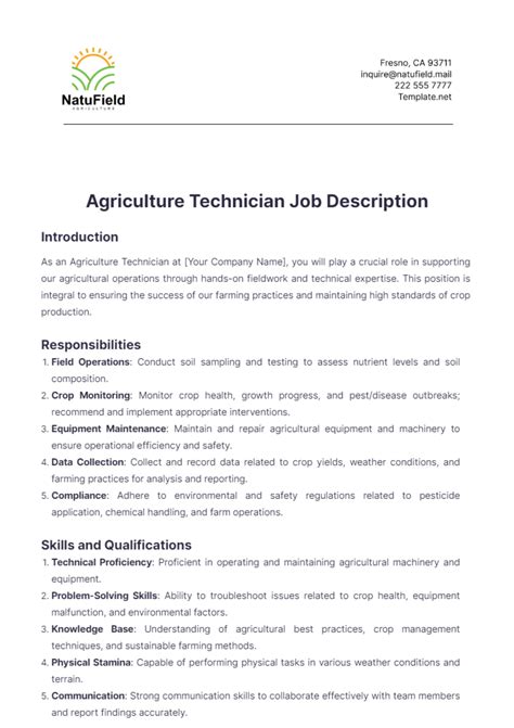 Free Agriculture Technician Job Description Template - Edit Online ...