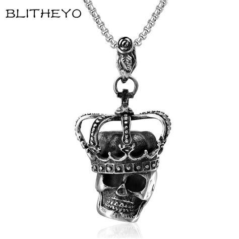 Blitheyo Anti Silver Skull Necklace For Men Crown Skull Punk Rock Titanium Skeletons Mens Gothic