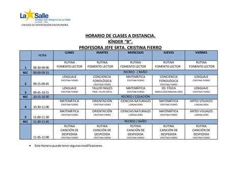 Horario Escolar 2023 Colegio San Gregorio De La Salle