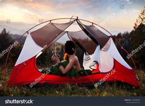 Rear View Naked Woman Sitting Tent Stock Photo Edit Now 1264498549