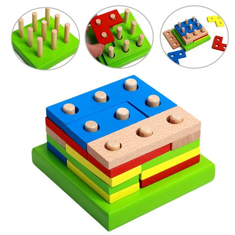 Wooden Building Blocks Assembled Kids Toy Colorful Geometric Shapes Assembled Building Blocks ...