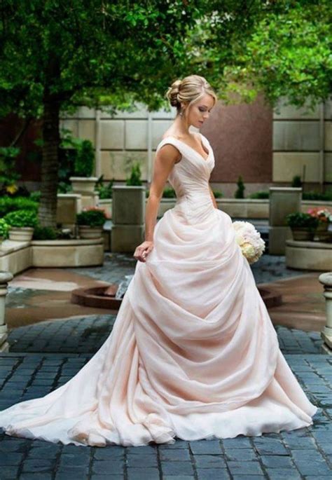 Blush Pink Wedding Dresses Princess V Neckline Ruffled Organza Skirts