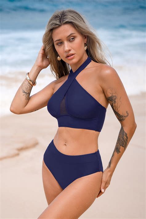 Escaping Crossover Halter Bikini Top Standard Bottoms Set