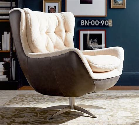 Wells Tufted Leather Shearling Swivel Armchair Tufted Leather